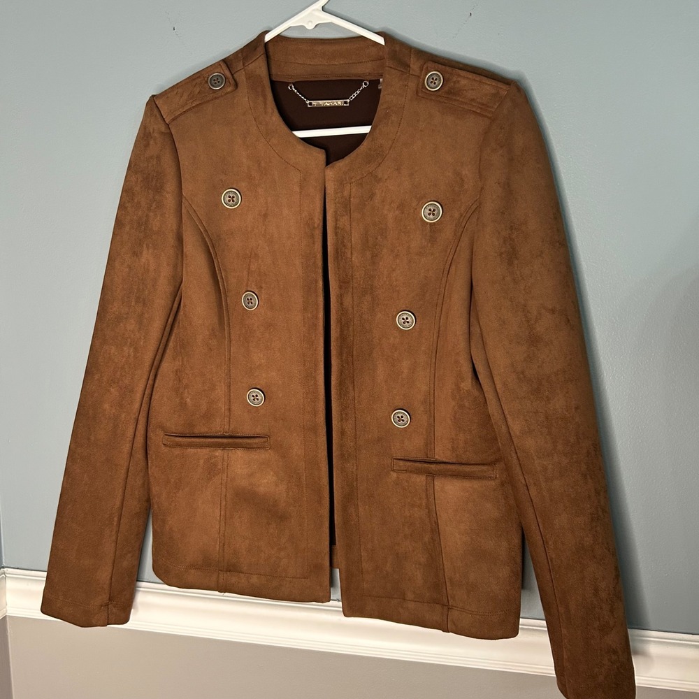 Tahari Womens Faux Suede Double Breasted Military Jacket Brown Size 8